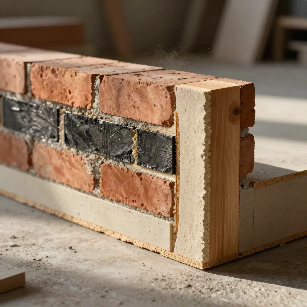 Cutaway wall junction mockup of brick, insulation, membrane and timber under hard side light.