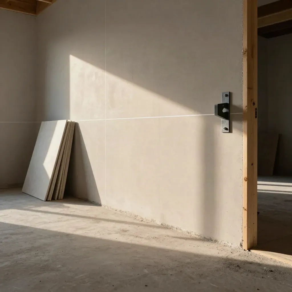 Unfinished room with chalk line, cavity trays and steel bracket in dramatic light.