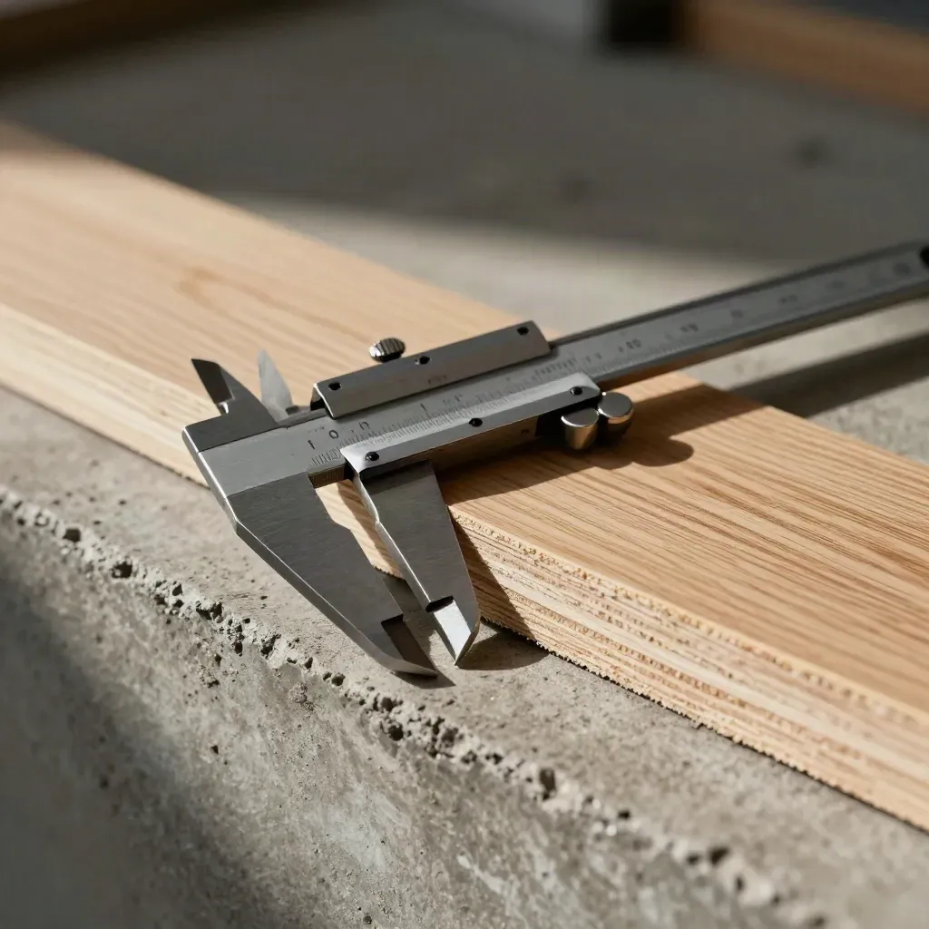 Steel calipers gripping oak veneer on a concrete ledge in a dim architectural workshop.