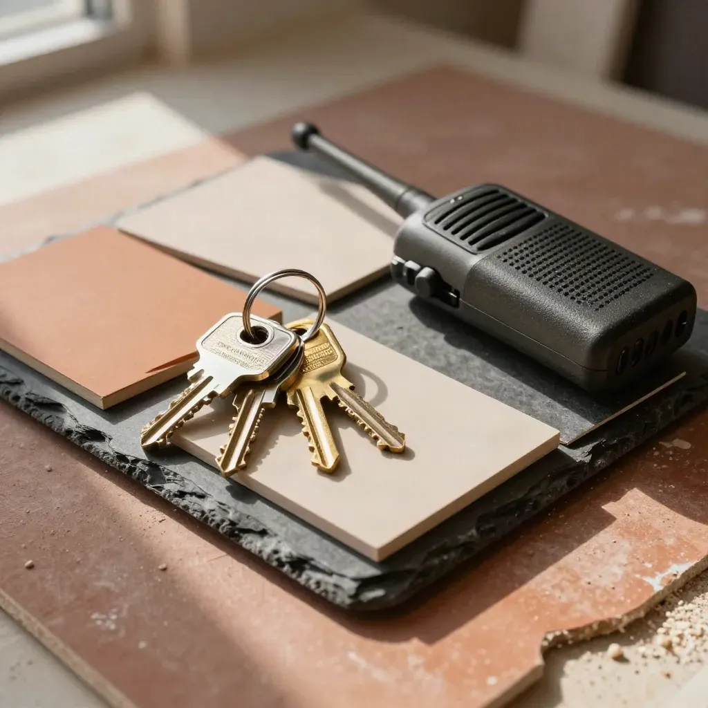 Overhead still life of swatches, project keys and a site radio on a slate tray