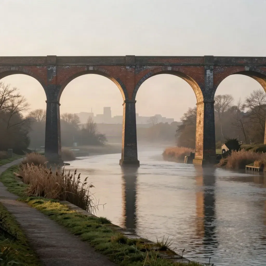 Brick viaduct over a misty canal basin at dawn, with a softened industrial skyline.